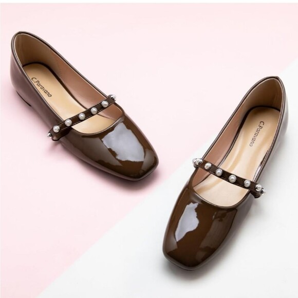 C.Paravano Chocolate Patent Leather Mary Jane Ballet Flats Size 41 (US10.5) NWOT - Picture 2 of 9